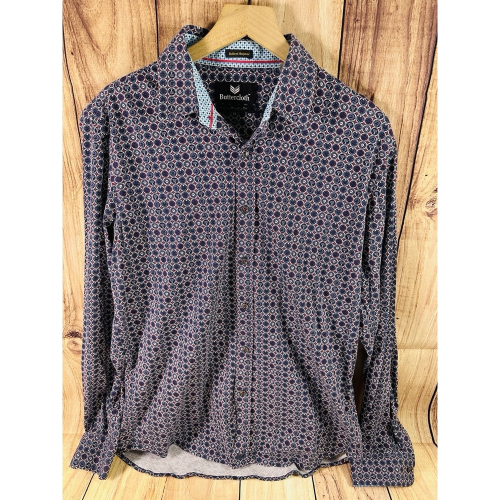 Butter Cloth Shirt Mens Large Blue Red Cotton‎ Flip Cuff Geometric LARGE